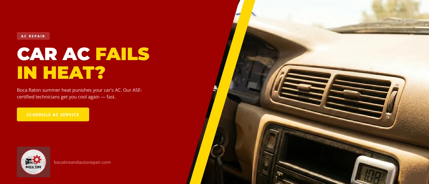Car AC repair in Boca Raton, FL — ASE-certified technician at Boca Tire and Auto diagnosing a vehicle air conditioning system during South Florida summer heat