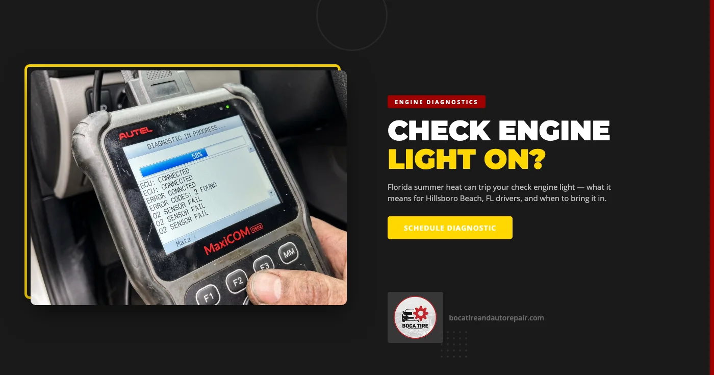 Check engine light diagnostics in Hillsboro Beach, FL — Boca Tire and Auto ASE-certified technicians scanning a vehicle in Florida summer heat