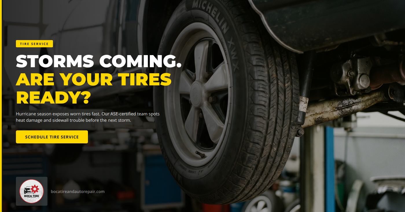 Tire service in Delray Beach, FL — ASE-certified technician at Boca Tire and Auto inspecting tire tread depth on a vehicle ahead of Florida hurricane season