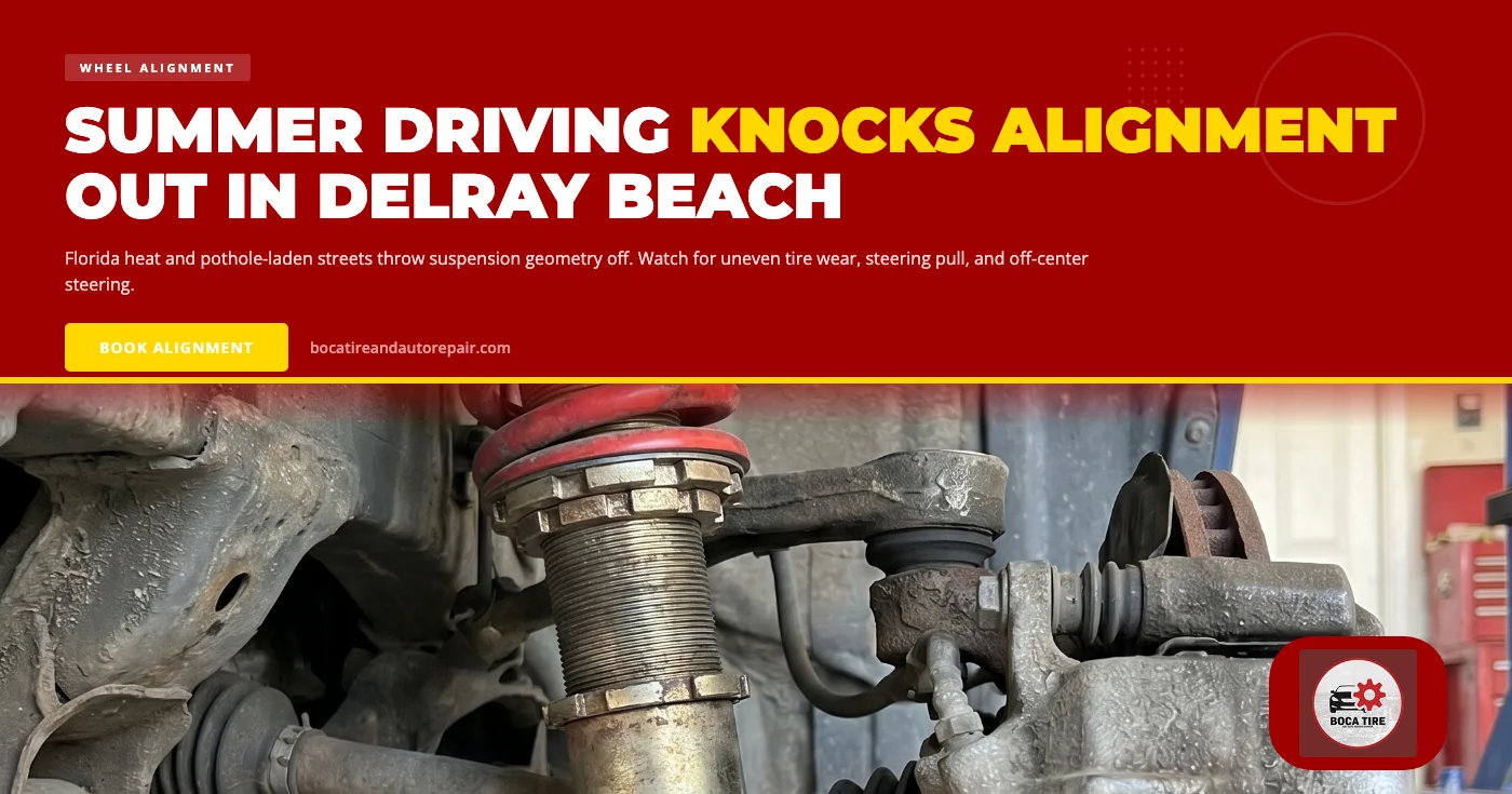 Wheel alignment service in Delray Beach, FL — Boca Tire and Auto ASE-certified technician checking suspension geometry on a vehicle during Florida summer heat